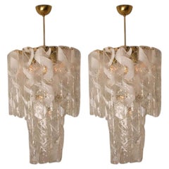 Pair of Huge Brass White Spiral Murano Glass "Torciglione" Chandeliers, 1960
