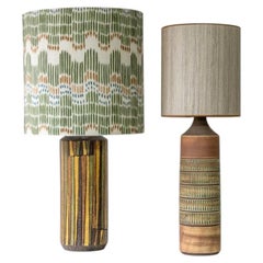 Set di 2 lampade in ceramica multicolore, paralumi in seta su misura di R. Houben