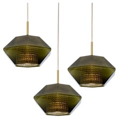 1 of the 3 Green Glass Hexagon Pendants by Carl Fagerlund for Orrefors, 1960s