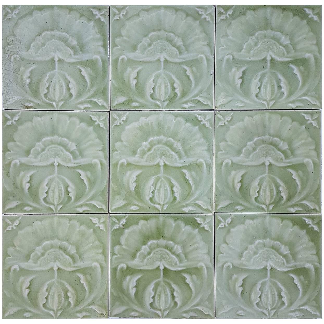 A stunning Art Nouveau/ Arts & Crafts tile panel from the superb firm, Craven Dunnill, & Co., Ltd, Jackfield Salop, England, circa 1905, in a bright celadon. This quantity original jugenstil tiles by Craven is very rare to find. With beautiful