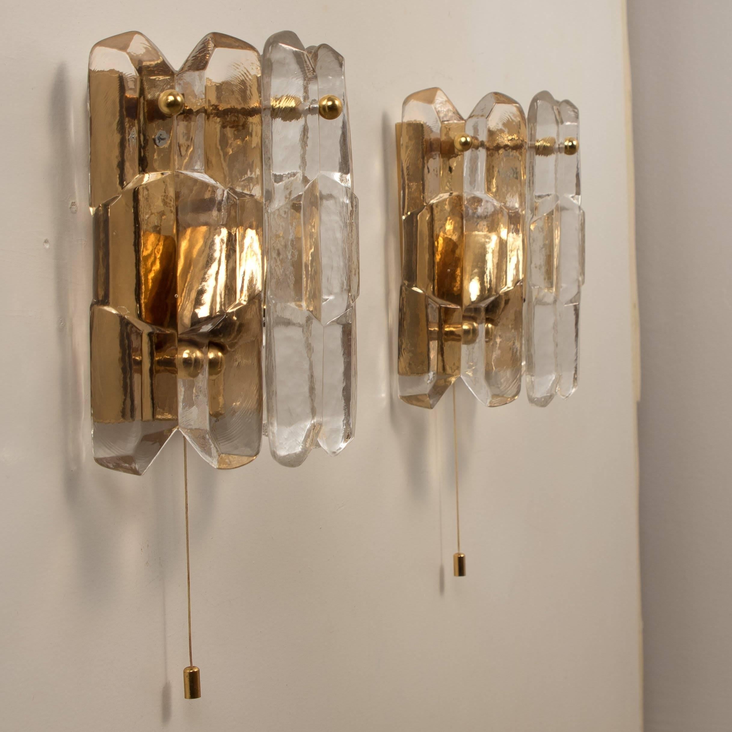 Crystal Set of Five J.T. Kalmar 'Palazzo' Light Fixtures Gilt Brass and Glass, 1970