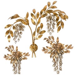 Set of Three Kögl Gilt Metal Palm Tree Wall Sconces 1960s, Maison Jansen Style