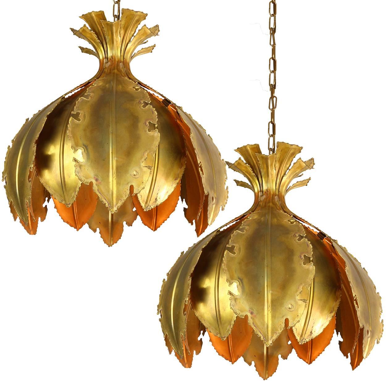 Pair of Svend Aage for Holm Sorensen Brutalist Acid Treated Brass Pendant Lamps