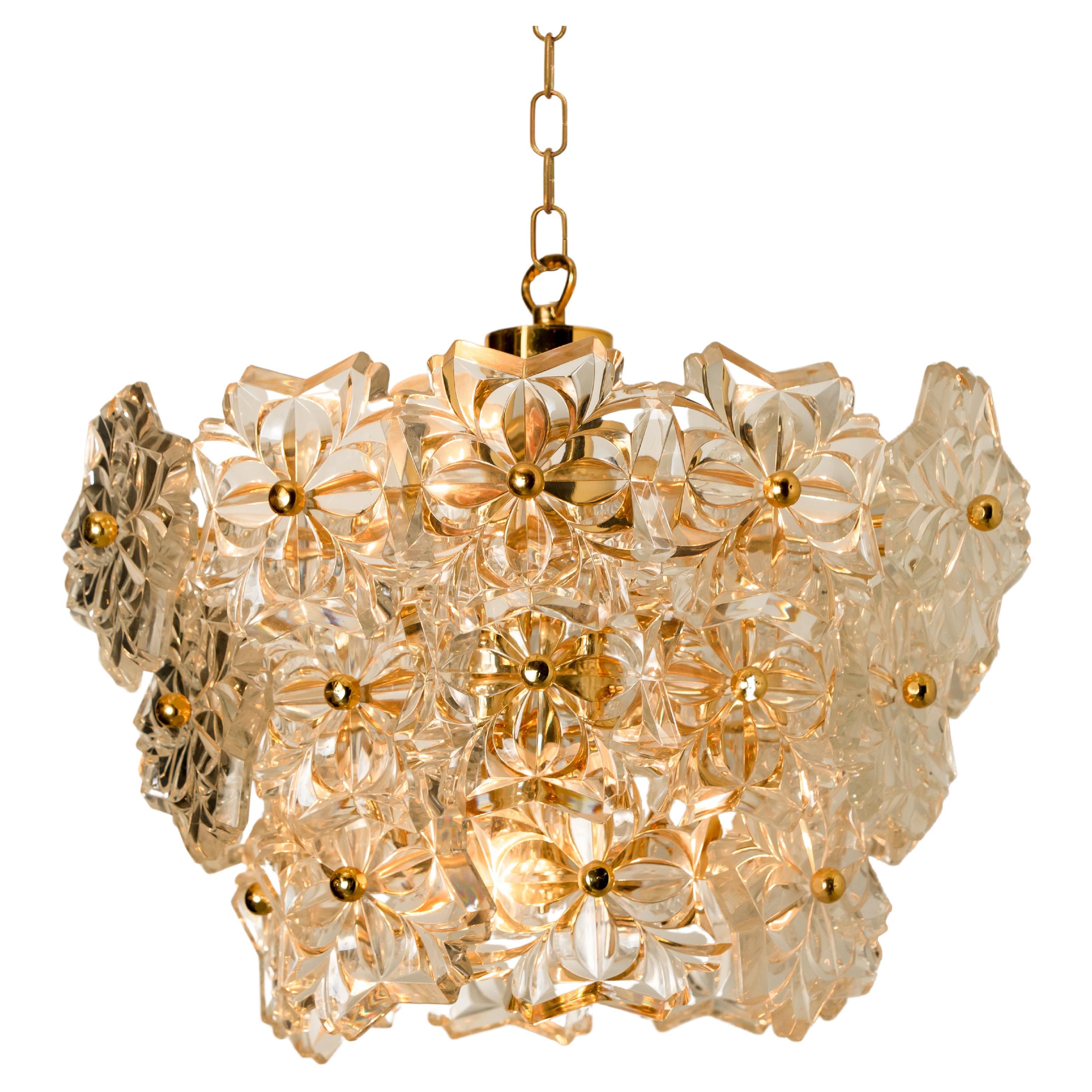 1 of the 2 Glass and Brass Floral Three Tiers Light Fixtures, 1970s