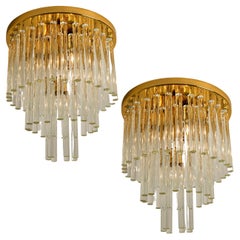 One of the Four Palme Chandeliers or Flush Mounts Brass and Crystal, 1960s
