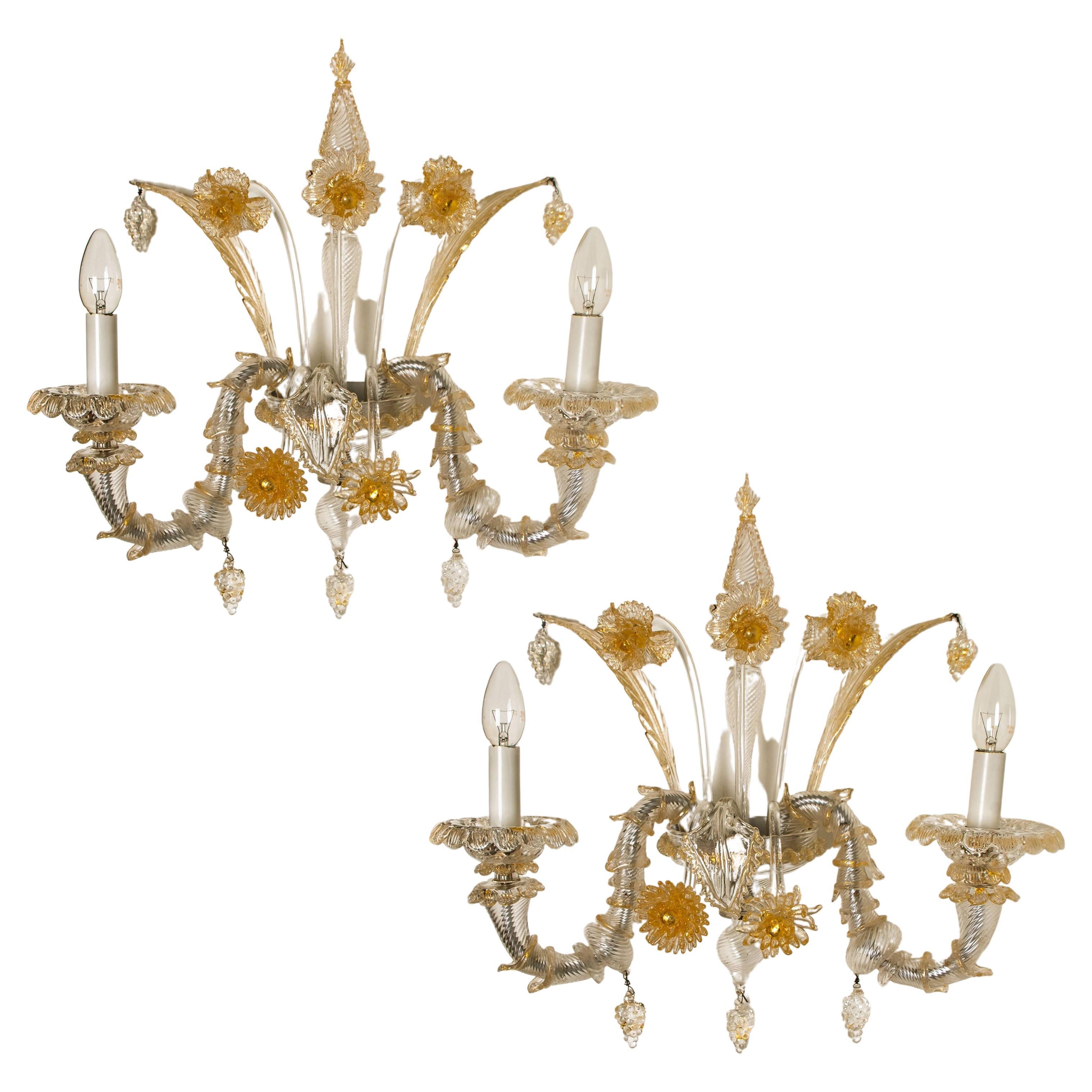 Pair of Rich Venetian Wall Sconces, Venice, Murano, circa 1960 For Sale