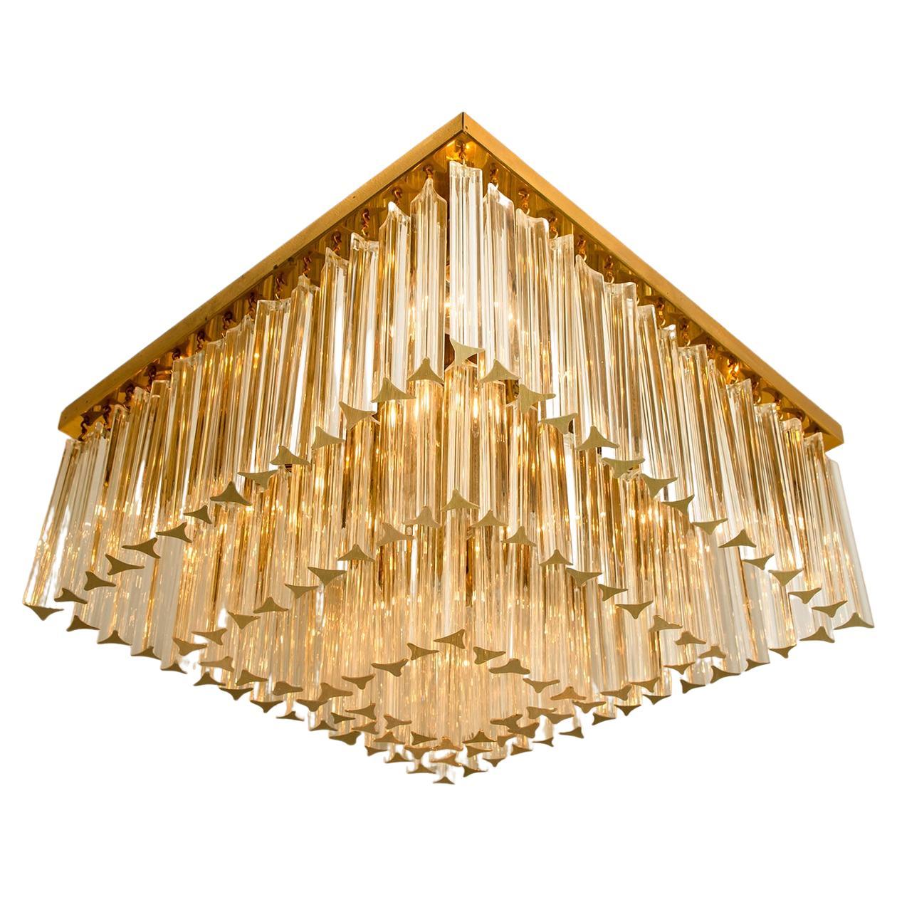 Mid-Century Modern 1 of the 3 XL Square 3-Tiers Venini Gilt-Plated Flush Mounts, 1970, Italy For Sale