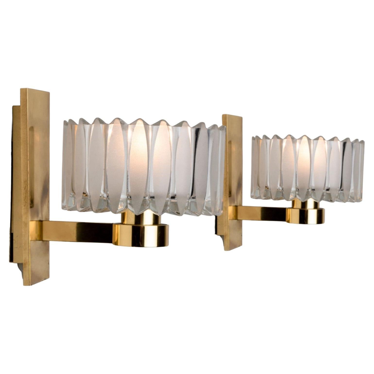 1 of the 2 Pairs Of Hillebrand Brass and Glass Wall Light Fixtures, 1970s