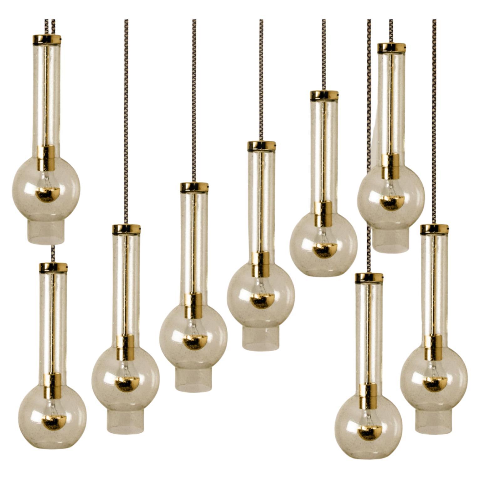 1 of the 10 Blown Glass and Brass Tube Pedant Lights by Staff Leuchten, 1970s