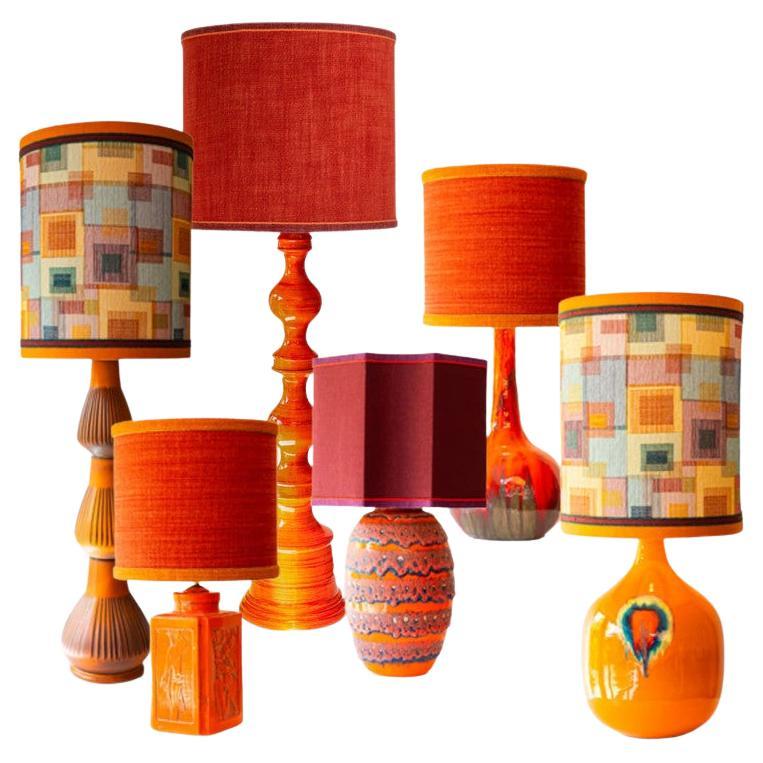 1 of the 6 Orange Red Floor Table Lamps, Custom Silk Lamp Shades by R. Houben