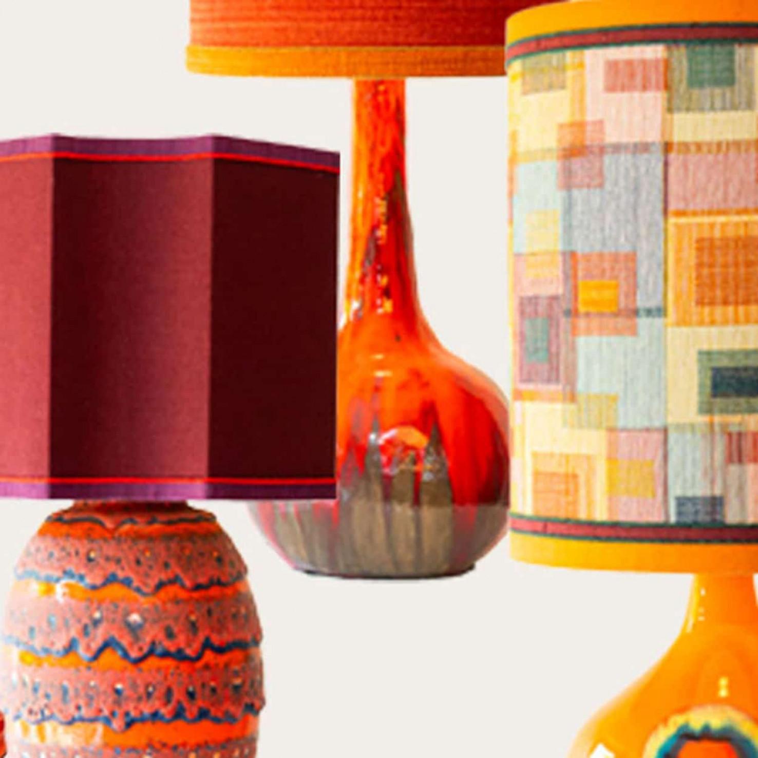 Mid-Century Modern 1 of the 6 Orange Red Floor Table Lamps, Custom Silk Lamp Shades by R. Houben For Sale