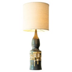 XL Iridescent Anthracite Ceramic FLoor Table Lamp, Silk Lampshade by R. Houben