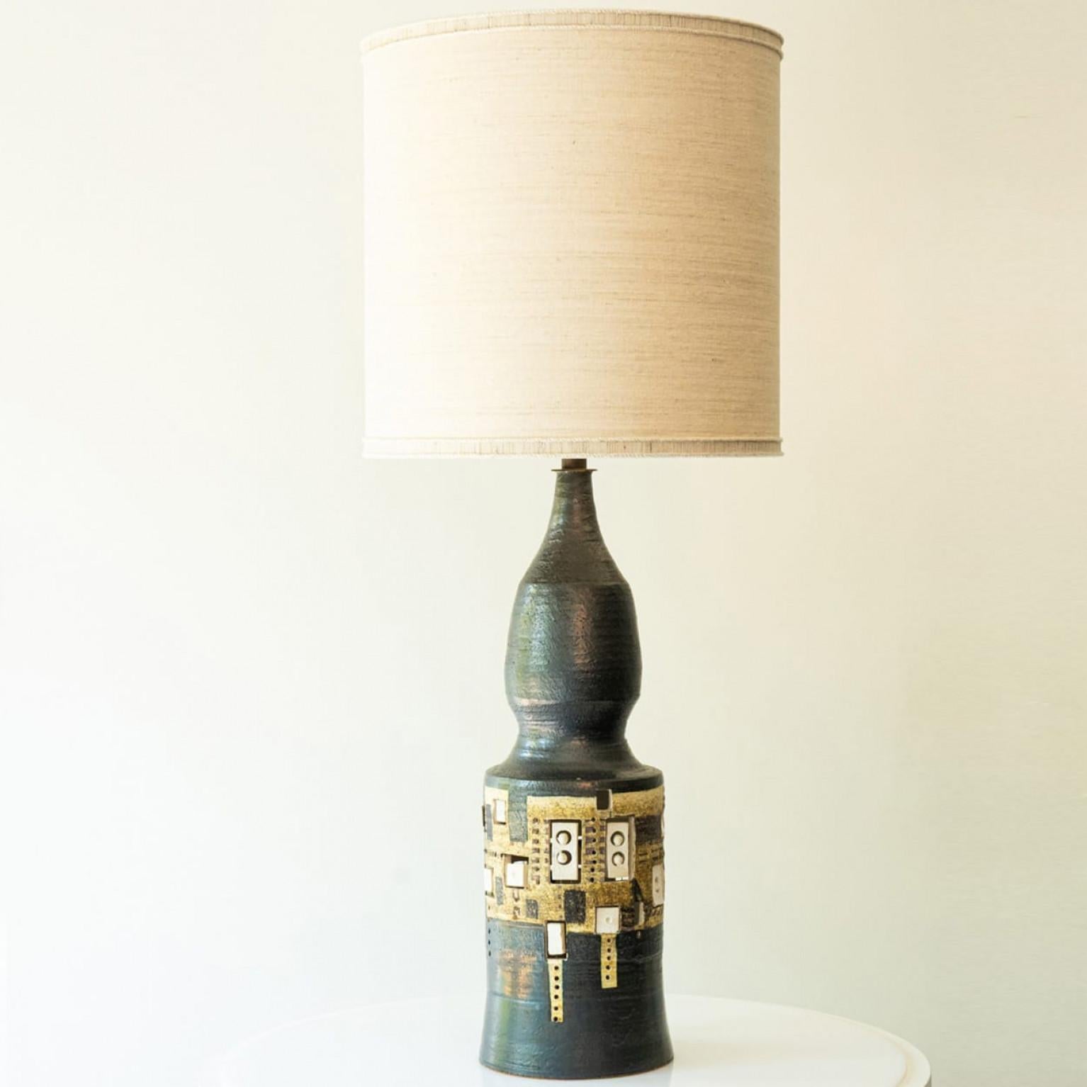 Mid-Century Modern XL Iridescent Anthracite Ceramic FLoor Table Lamp, Silk Lampshade by R. Houben For Sale