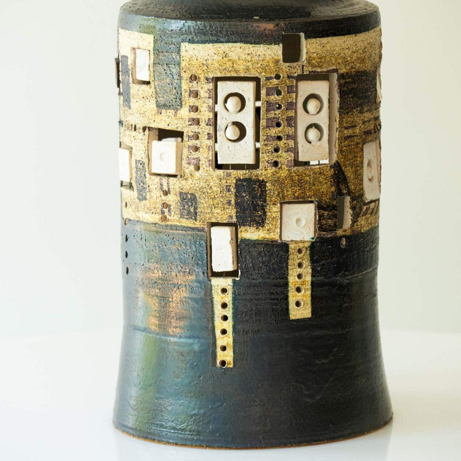French XL Iridescent Anthracite Ceramic FLoor Table Lamp, Silk Lampshade by R. Houben For Sale