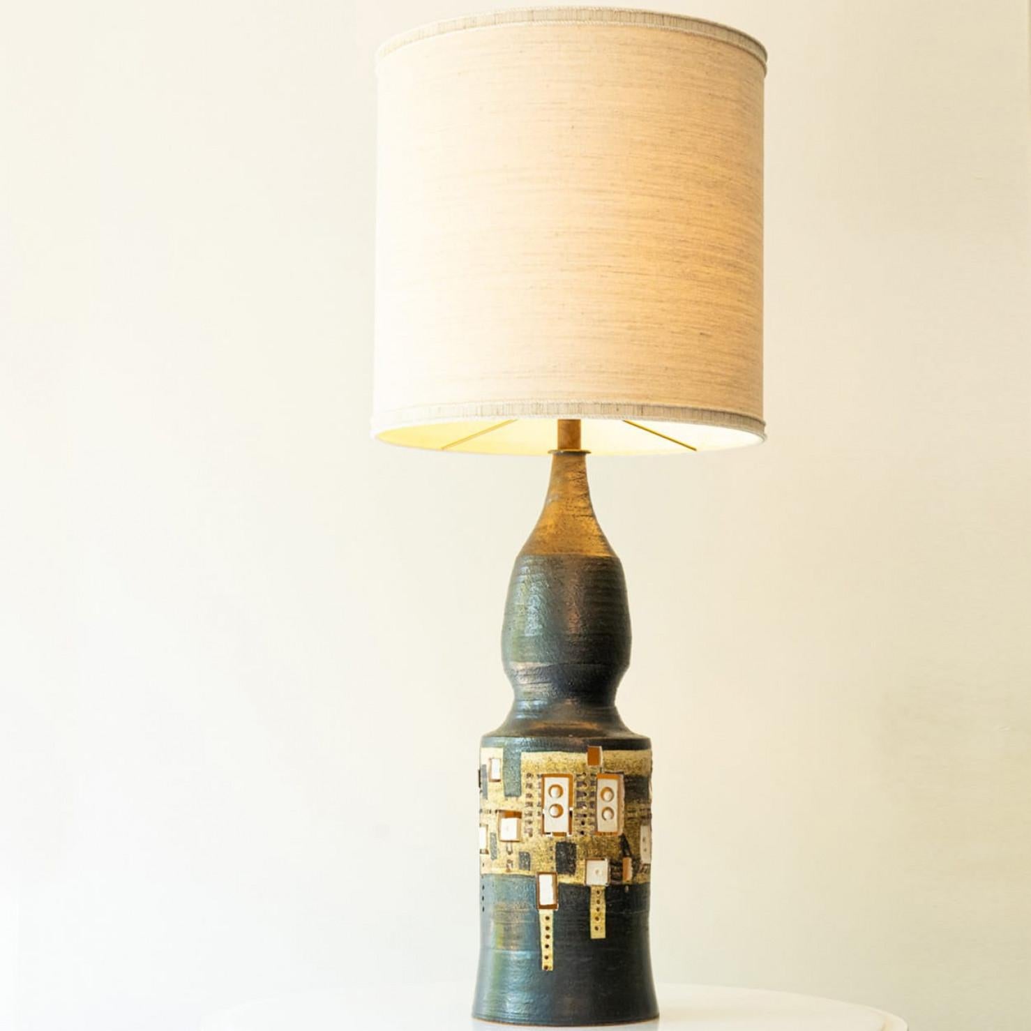 Late 20th Century XL Iridescent Anthracite Ceramic FLoor Table Lamp, Silk Lampshade by R. Houben For Sale