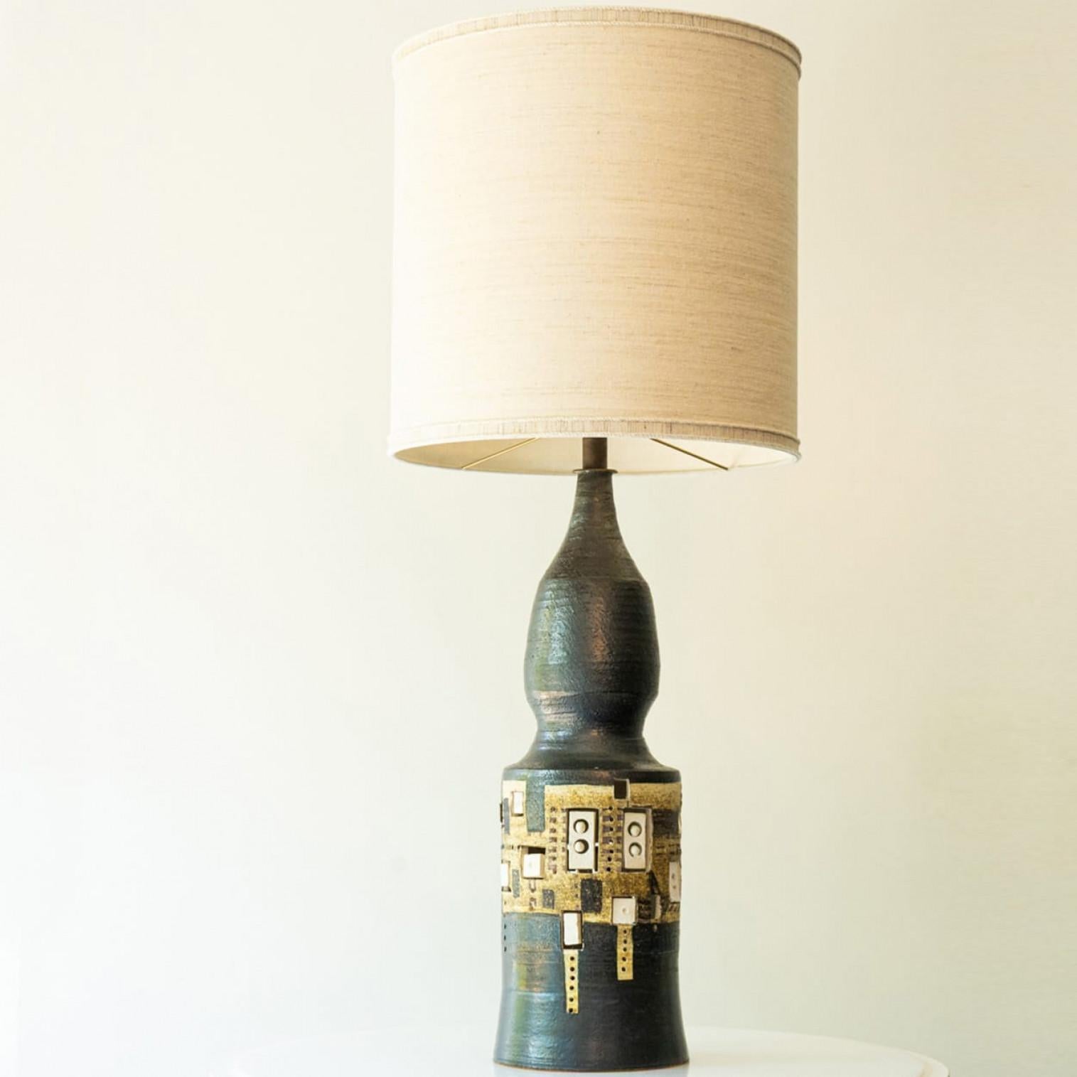 XL Iridescent Anthracite Ceramic FLoor Table Lamp, Silk Lampshade by R. Houben For Sale 1