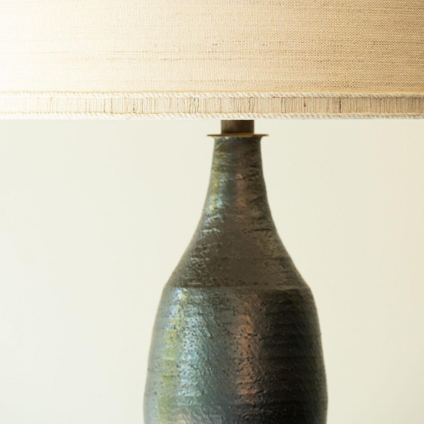 Other XL Iridescent Anthracite Ceramic FLoor Table Lamp, Silk Lampshade by R. Houben For Sale
