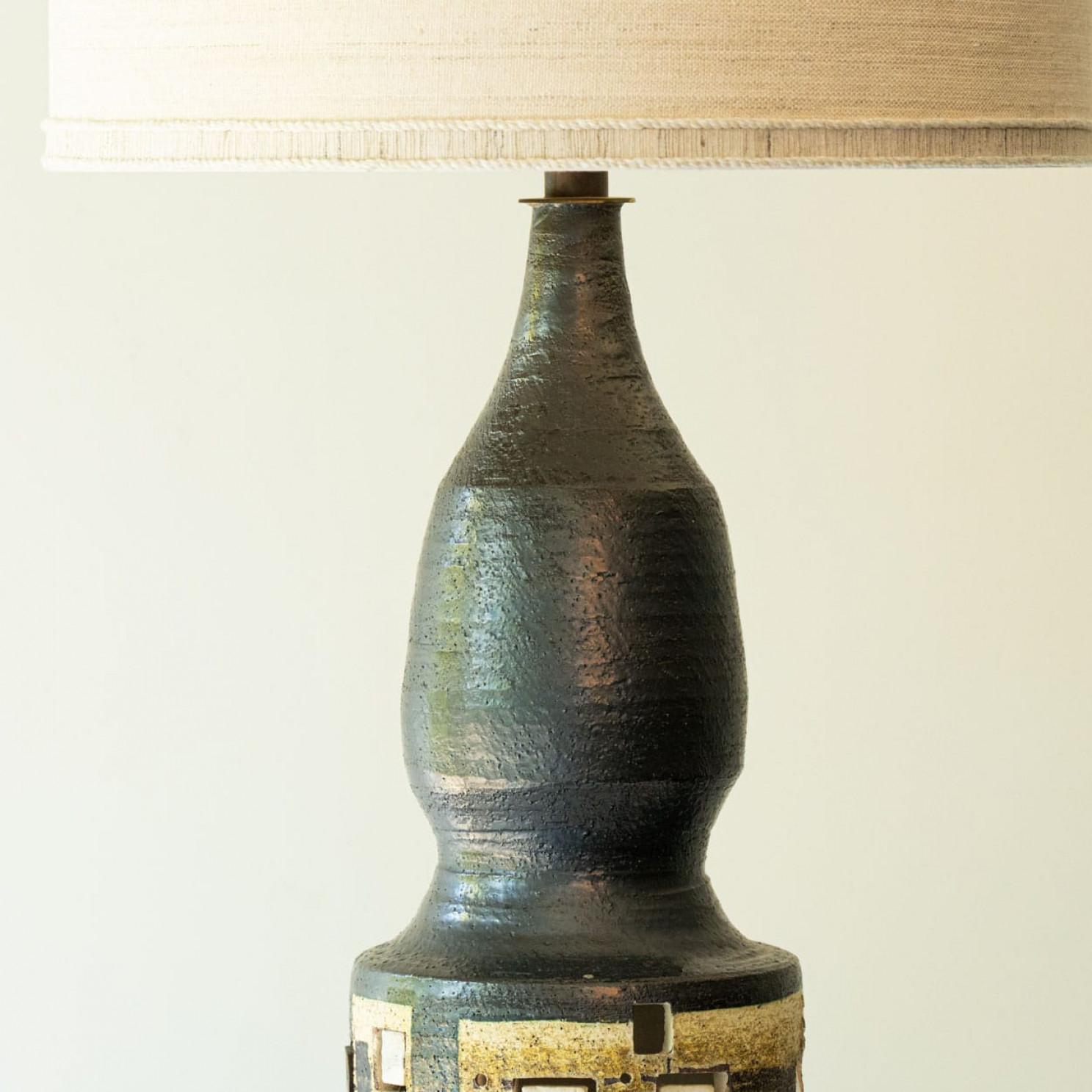 XL Iridescent Anthracite Ceramic FLoor Table Lamp, Silk Lampshade by R. Houben For Sale 2