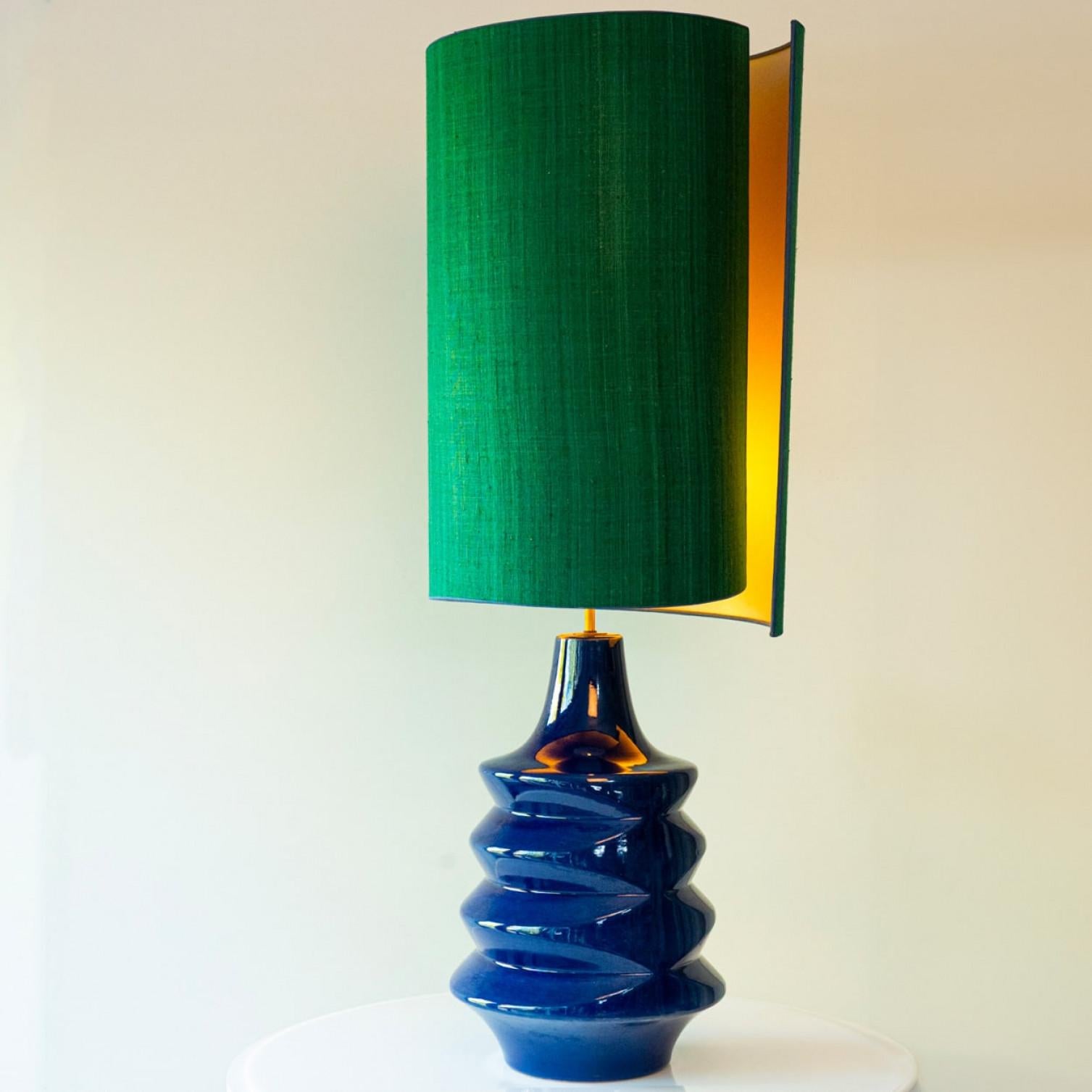 French XXL Sapphire Blue Ceramic FLoor Table Lamp, Lampshade by R. Houben, 1970 For Sale