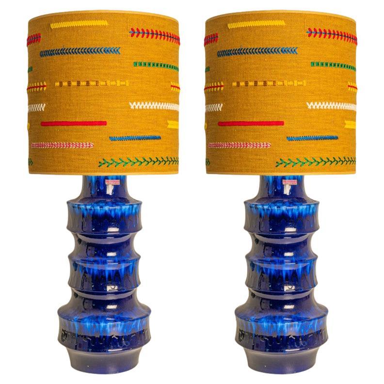 Unique pair of Large Scheurich Ceramic Lamps with New Custom Lampshades For Sale