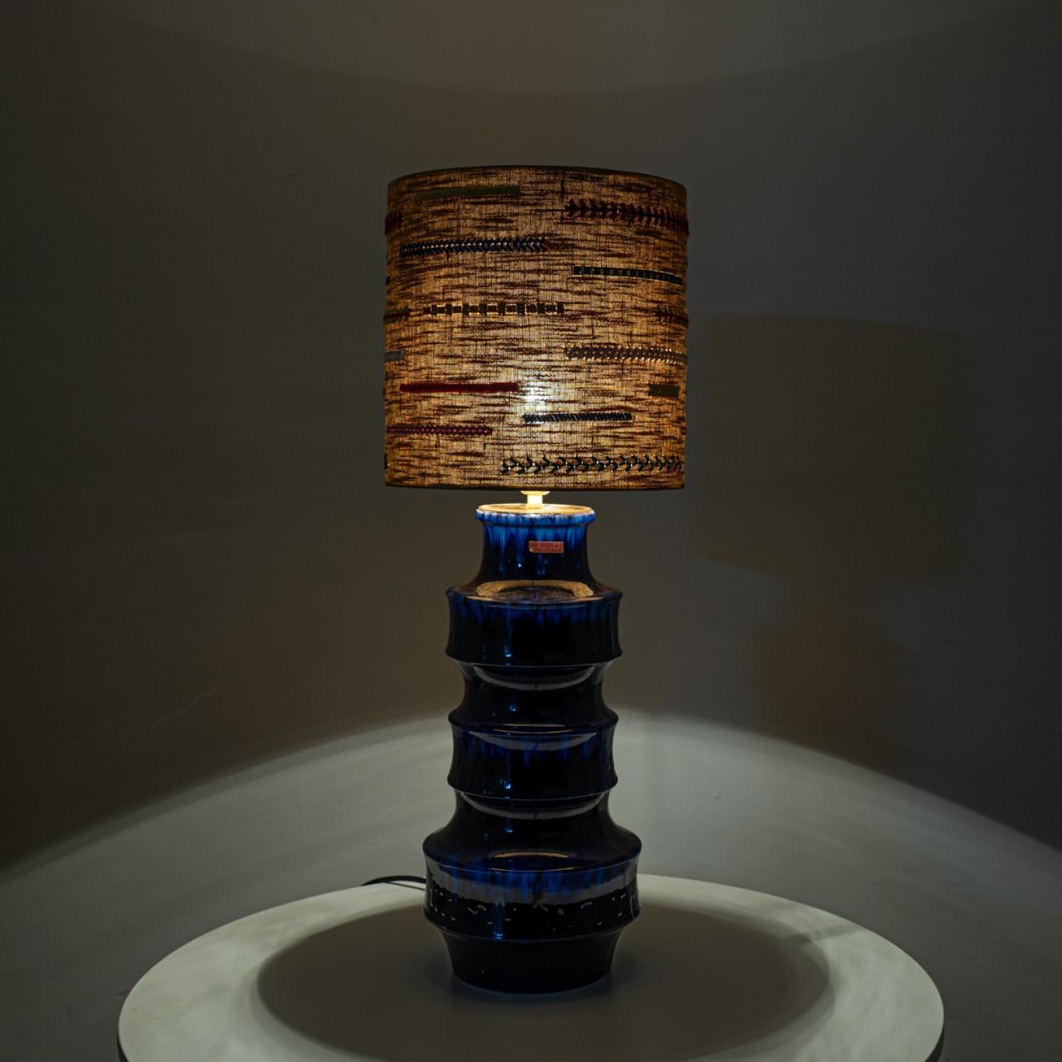 Unique pair of Large Scheurich Ceramic Lamps with New Custom Lampshades For Sale 3