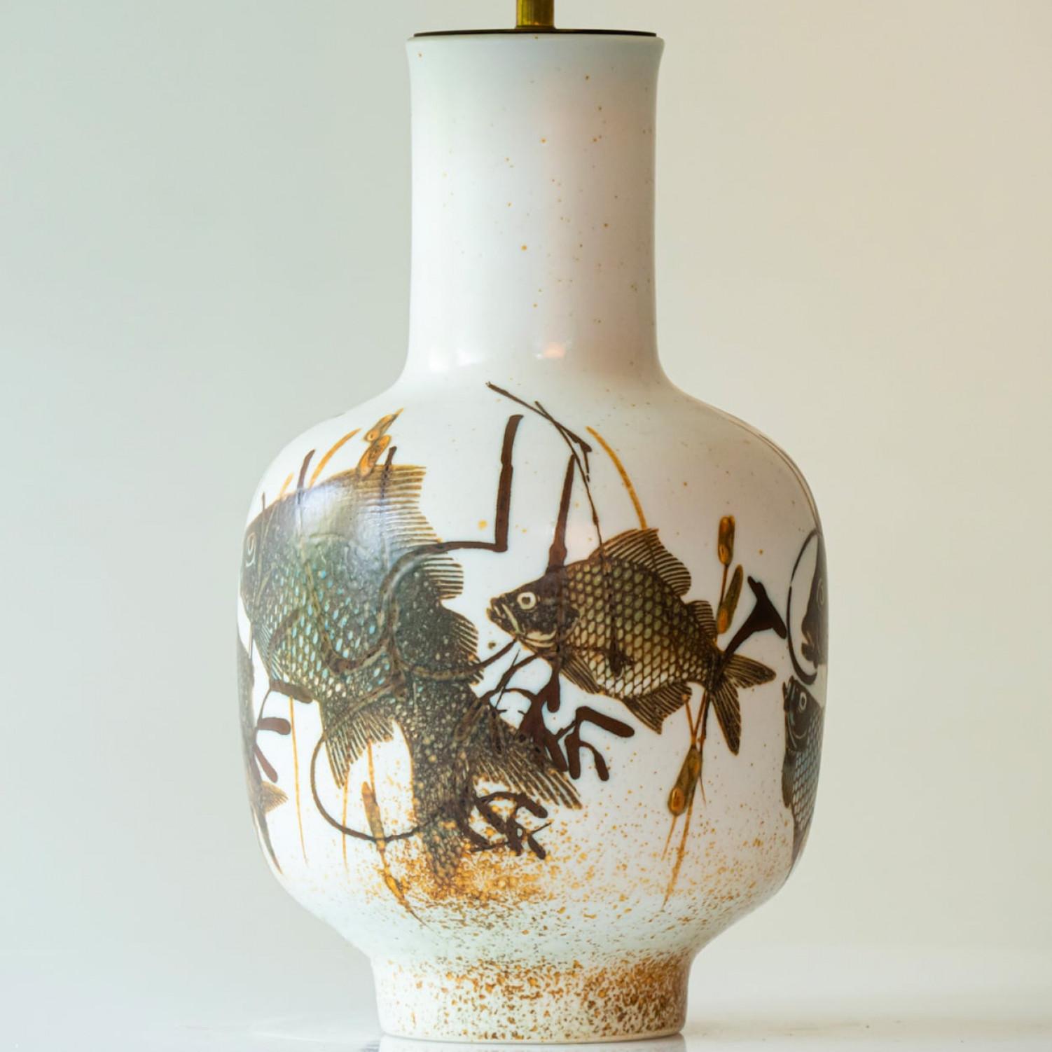 Other 1 of the 2 Fish Motif Ceramic Floor Lamp with Silk Lampshade by R. Houben For Sale