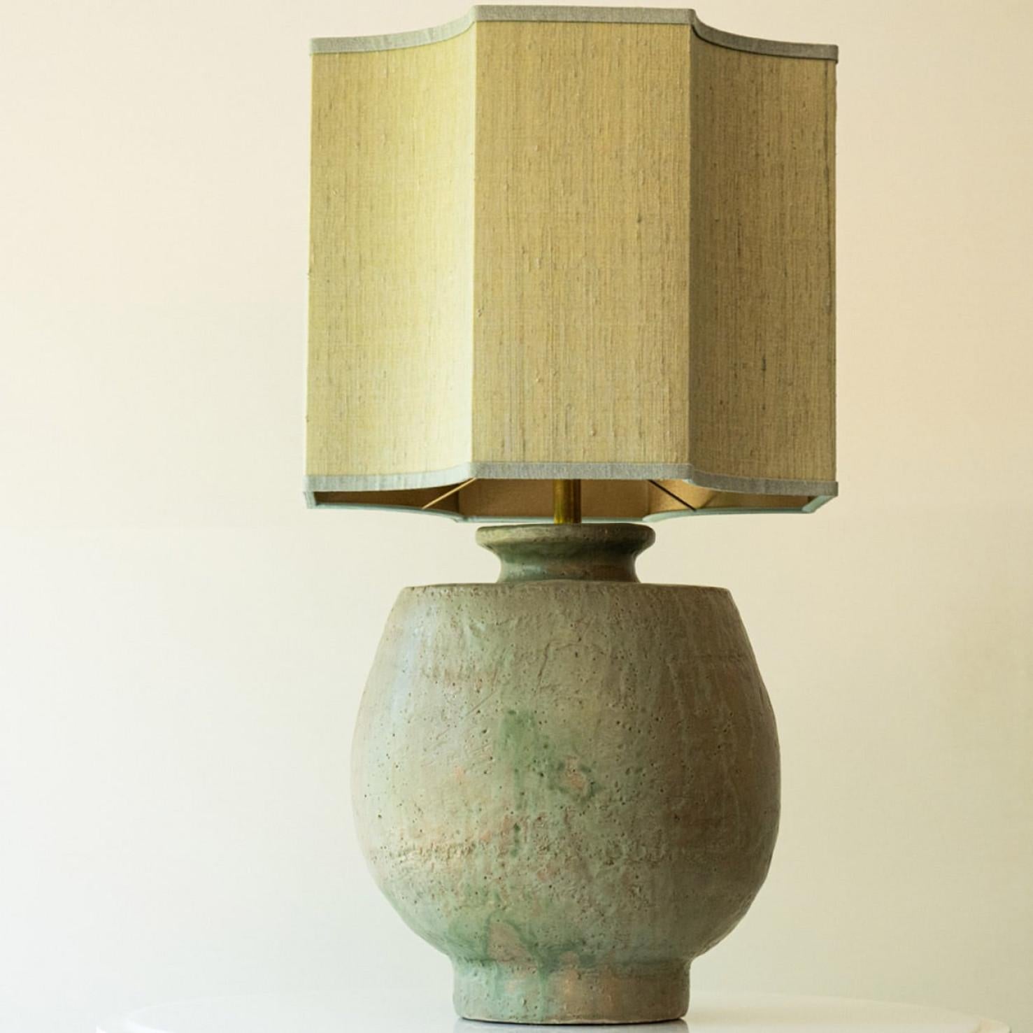 Mid-Century Modern Large Pistachio Green Ceramic Table Lamp, Silk Lampshade by R. Houben For Sale