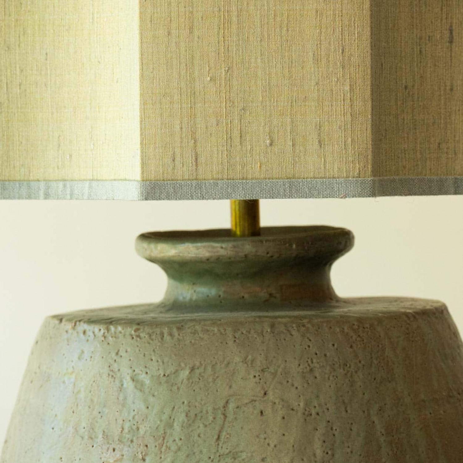 French Large Pistachio Green Ceramic Table Lamp, Silk Lampshade by R. Houben For Sale