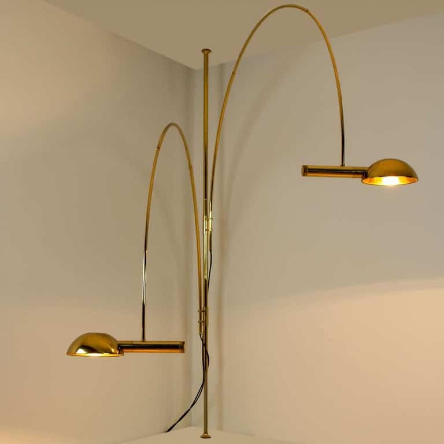 Mid-Century Modern Florian Schulz Double Ball Brass Arc Floor Lamp, Height Adjustable, 1970 For Sale