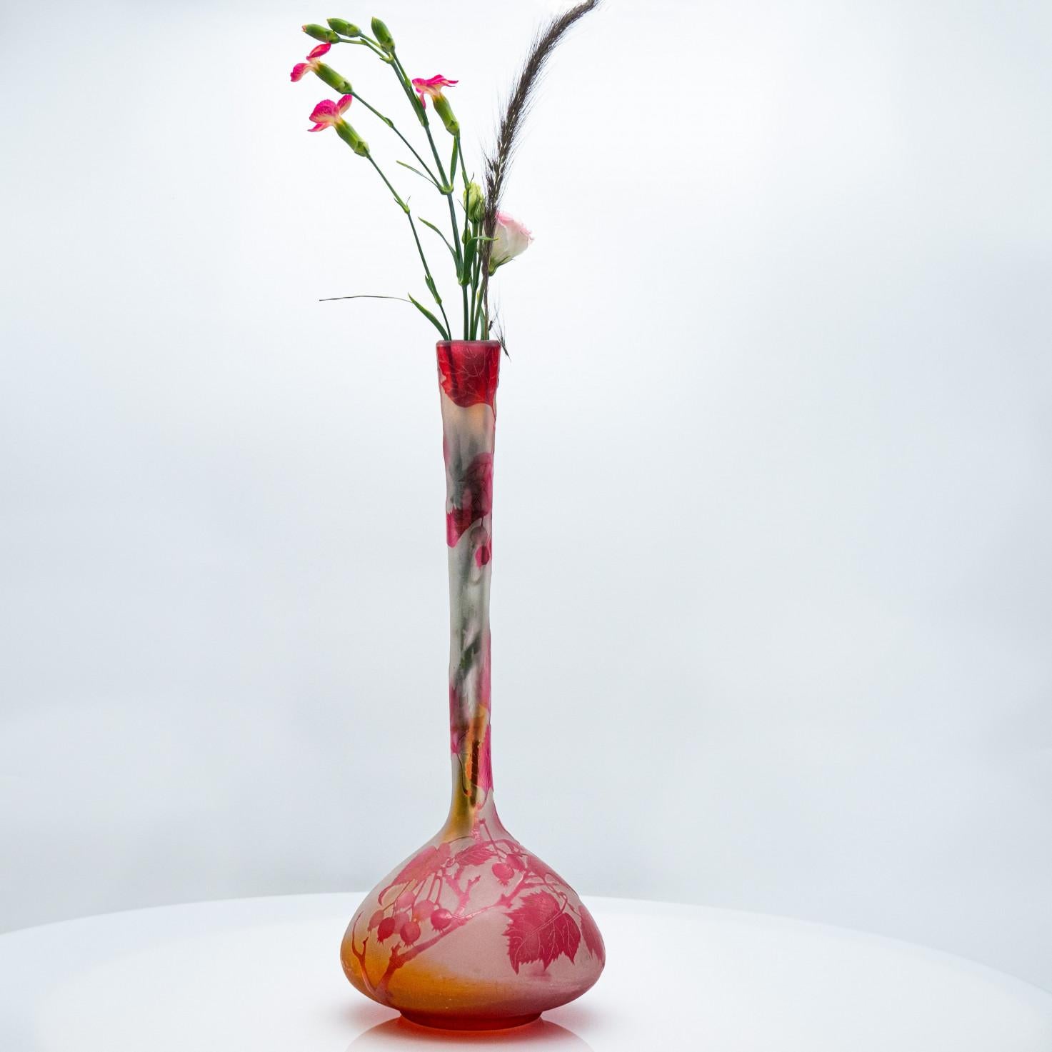 Gallé Signed, Large Acid Etched Overlay Banjo Form Vase, France, 1890 In Good Condition For Sale In Rijssen, NL