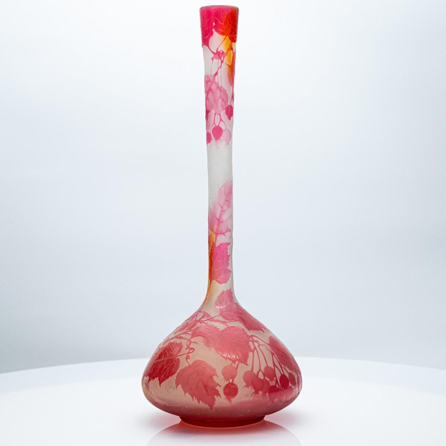 Late 19th Century Gallé Signed, Large Acid Etched Overlay Banjo Form Vase, France, 1890 For Sale