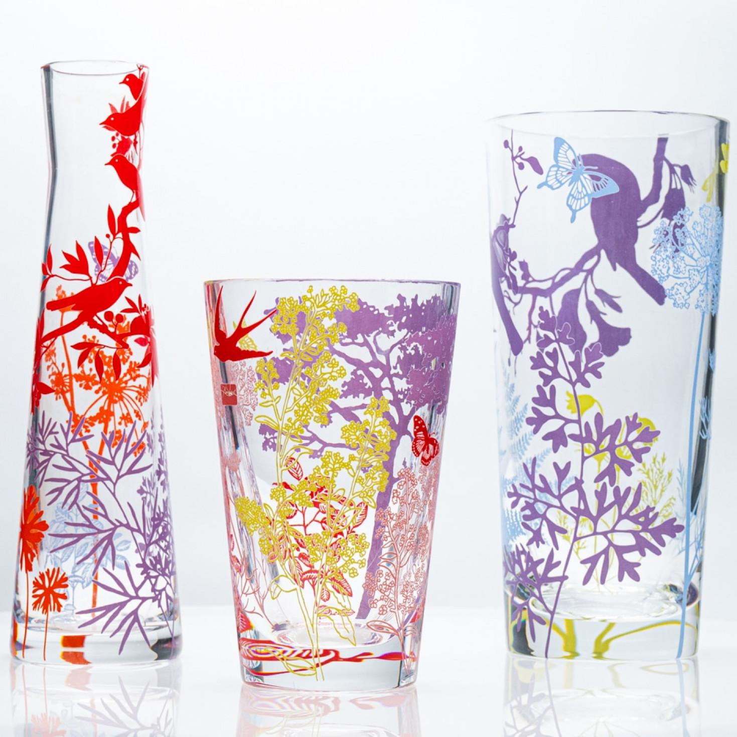 Baccarat, Set of 3 Crystal Vases, Printed Polychrome Decoration, France, 2006 For Sale 2