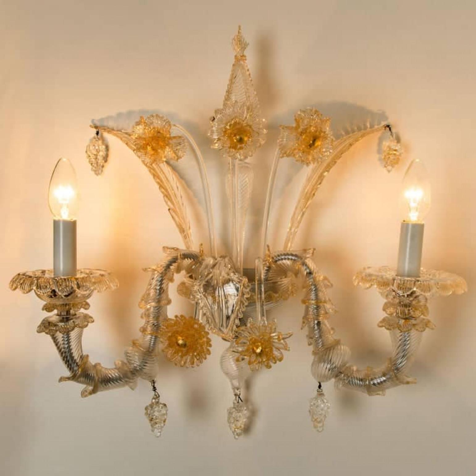 Metal Pair of Rich Venetian Wall Sconces, Venice, Murano, circa 1960 For Sale