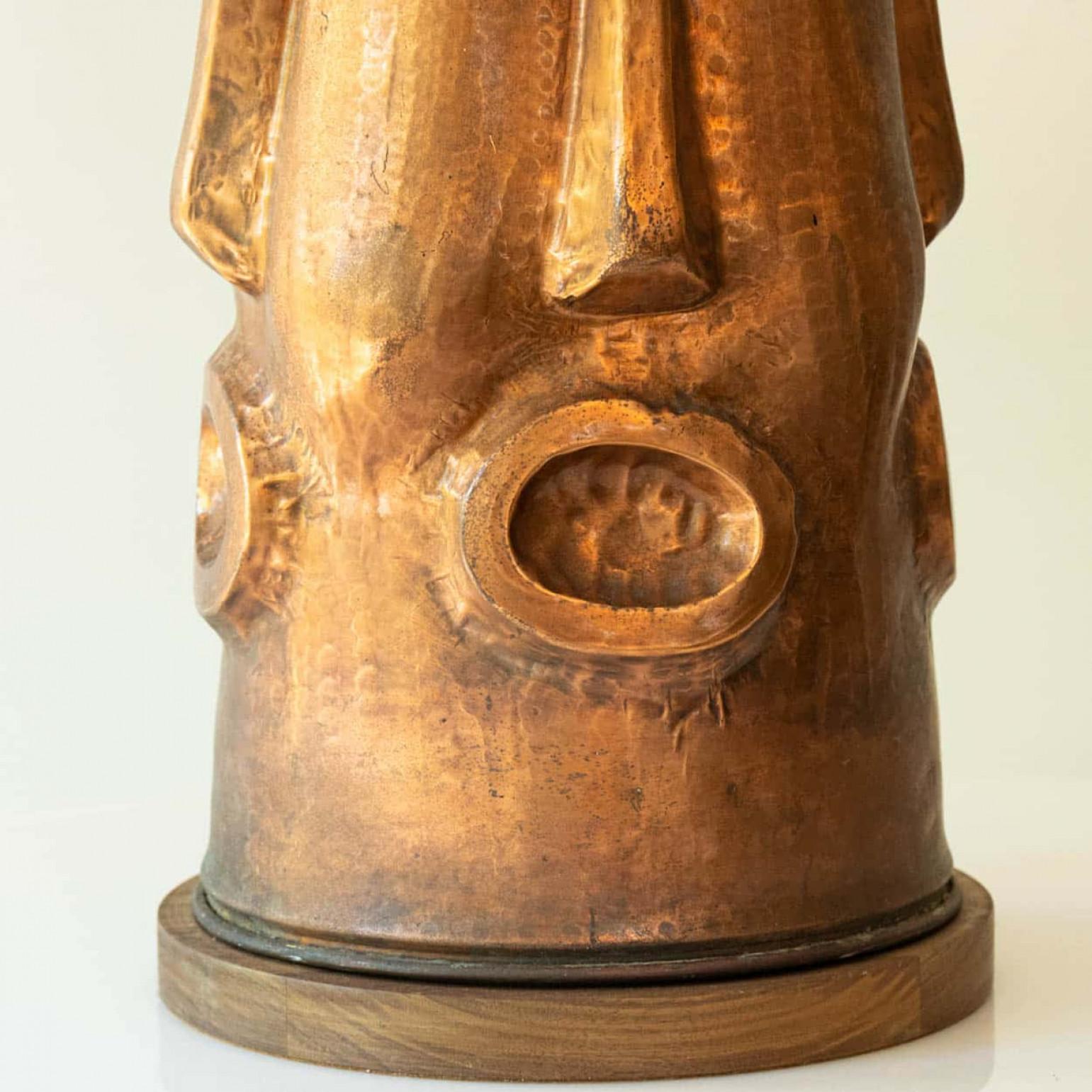 Other XL Copper Walnut Wood Floor Lamp with Faces, New Lampshade by R. Houben, 1970 For Sale