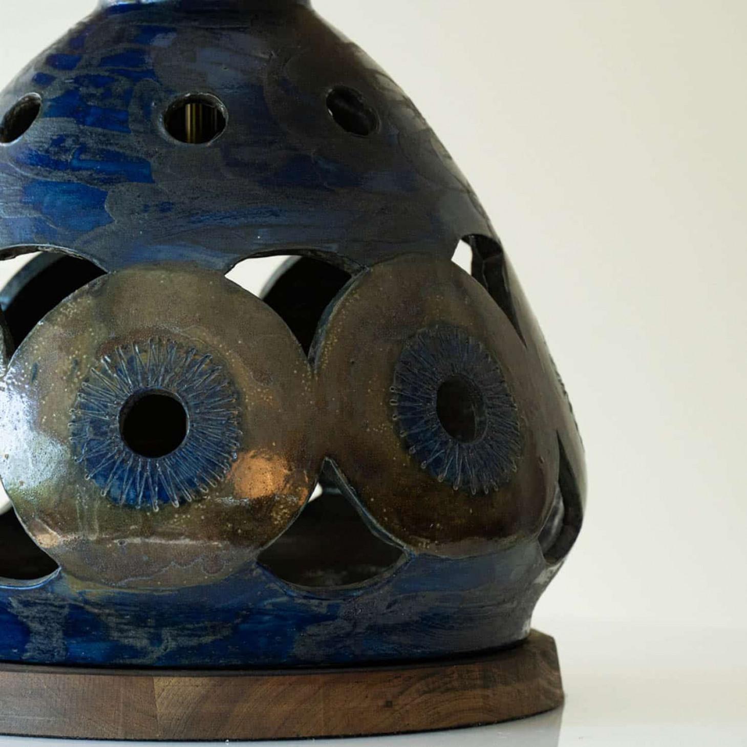 Other Large Walnut Wood Ceramic Table Lamp, New Lampshade by R. Houben, 1970 For Sale