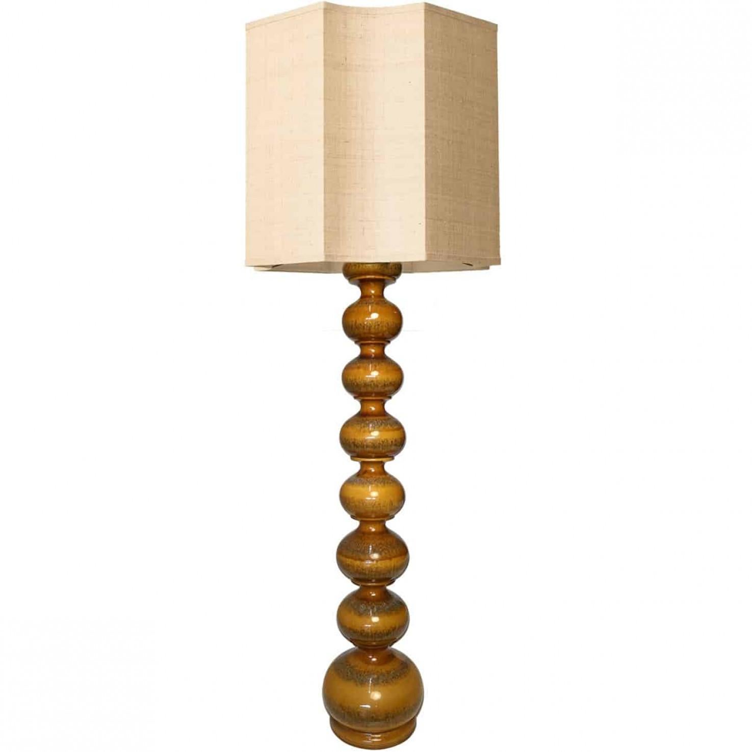 Exceptional set of ceramic bubble lamps, Germany, 1960s. Beautiful sculptural pieces made of handmade ceramic in rich glazed brown or yellow grey tones. With special new custom made warm yellow lamp shades by René Houben. With warm bronze inner