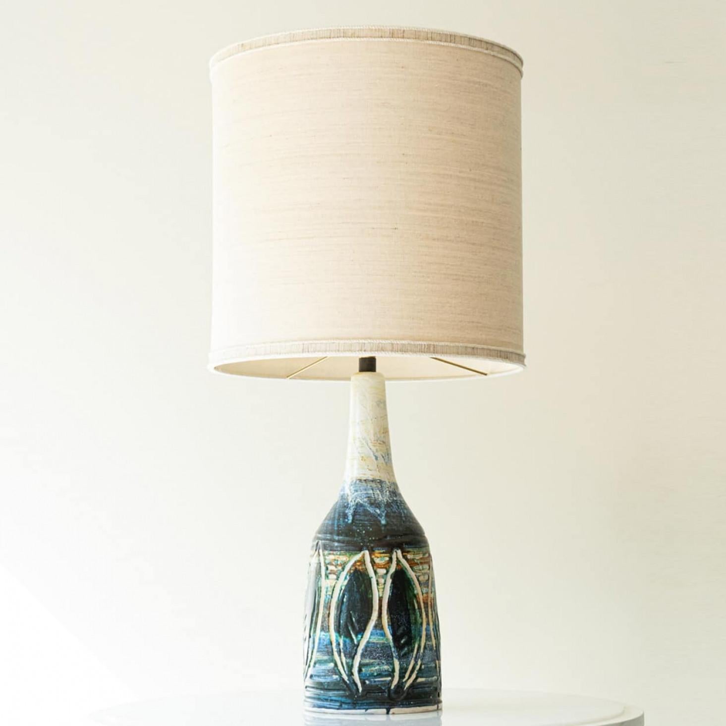 Large Blue Green Ceramic Table Floor Lamp, New Lampshade by R. Houben, 1970 For Sale 1
