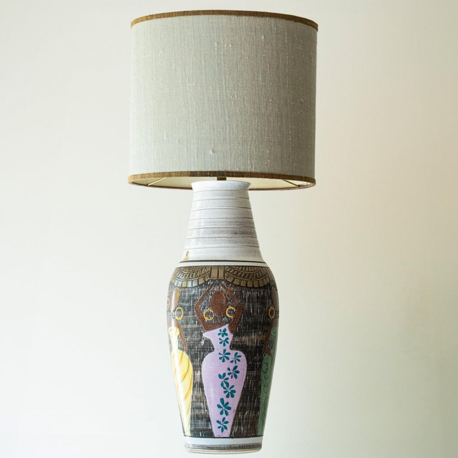 XL Multi Color Ceramic FLoor Table Lamp, Silk Lampshade by R. Houben In Good Condition For Sale In Rijssen, NL
