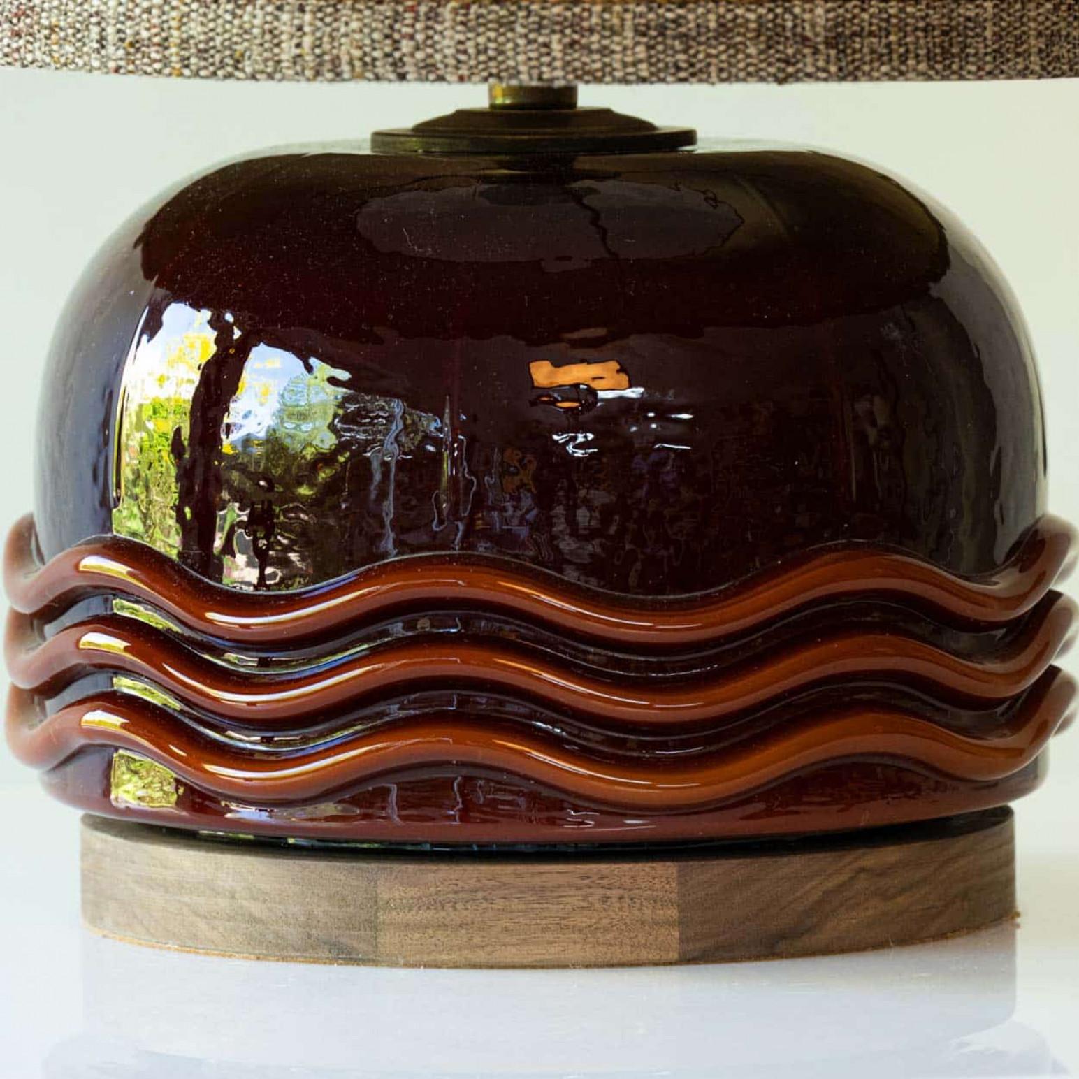 Glass Table Lamp Camel Brown With Walnut Base, New Silk Lampshade by R. Houben For Sale 2