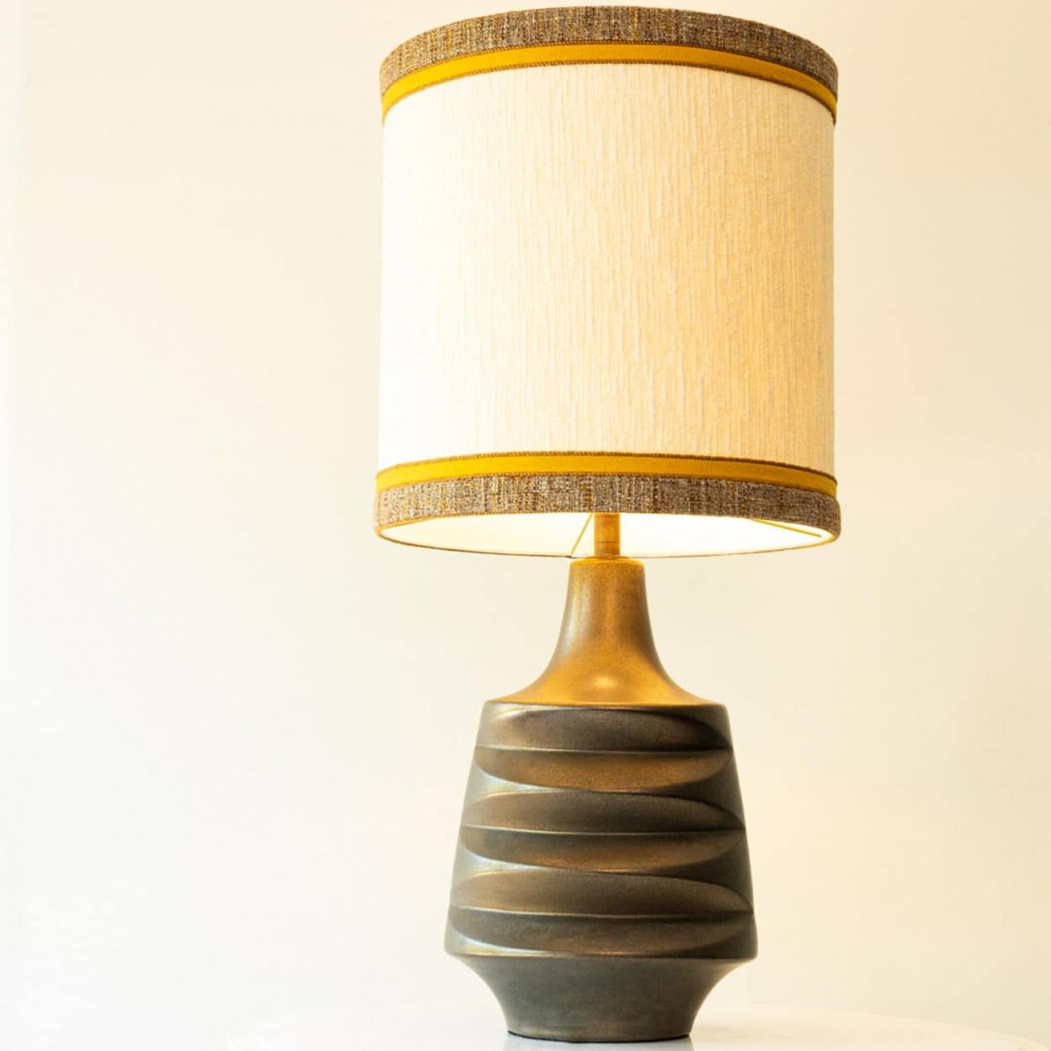 French XL Brown Ceramic Floor Table Lamp, New Lampshade by R. Houben, 1970 For Sale