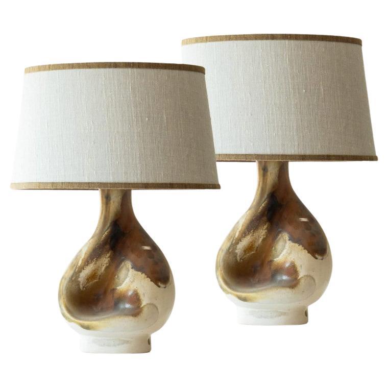 Pair of Organic Shaped Ceramic Table Lamps, Ecru Lampshade by R. Houben, 1960