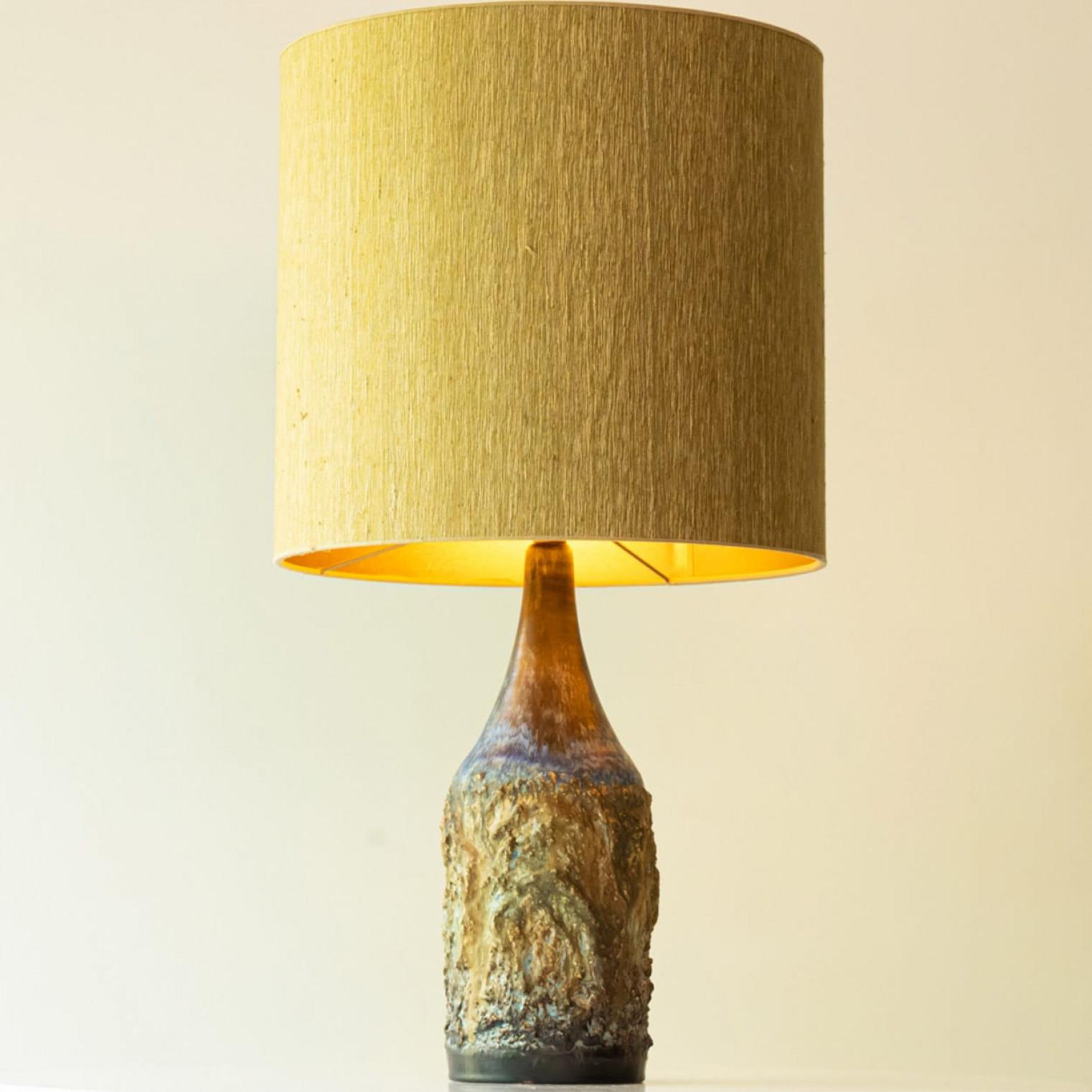 French Multi Color Ceramic FLoor Table Lamp, Silk Lampshade by R. Houben For Sale
