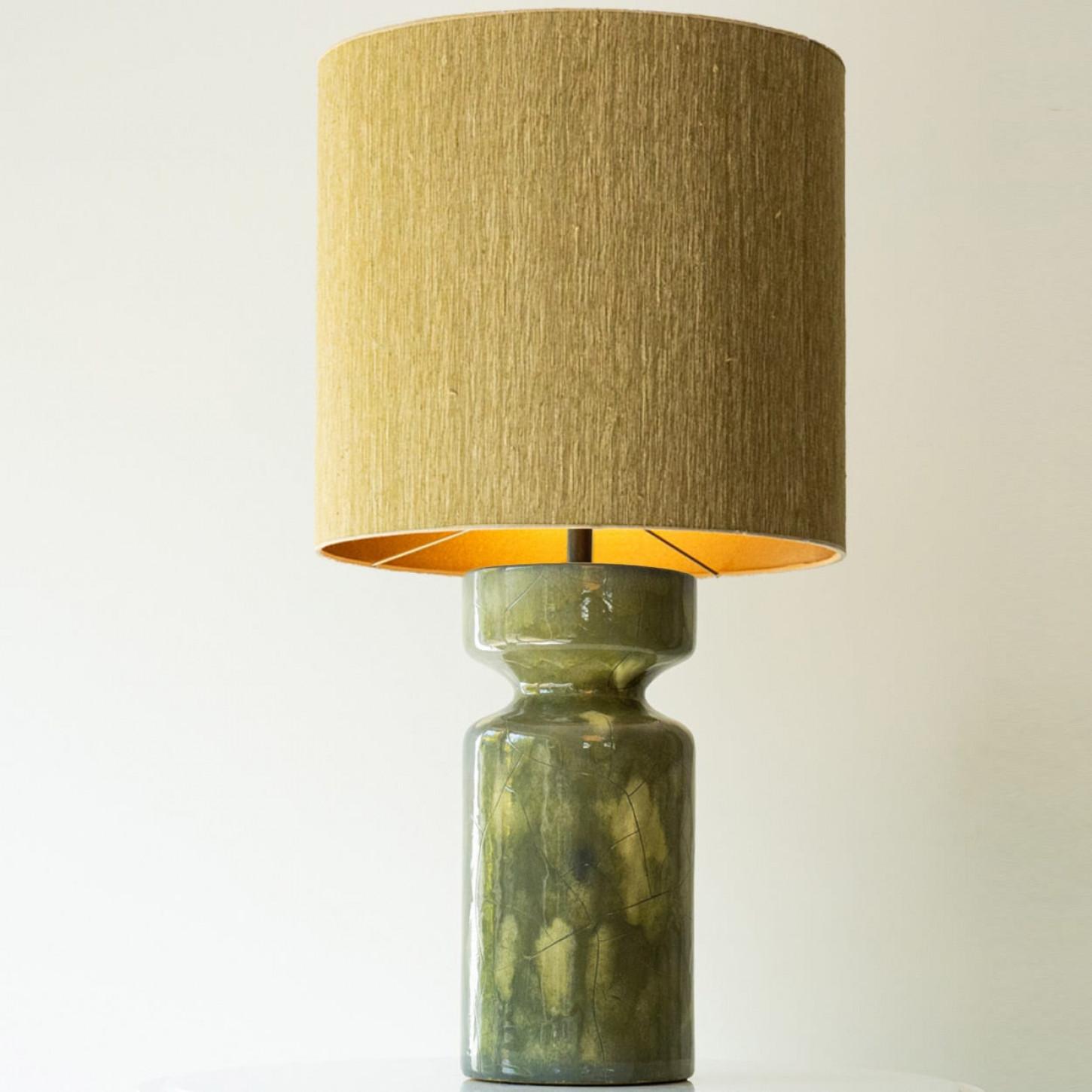 French Large Green Ceramic Table Lamp, New Lampshade by R. Houben, 1970 For Sale
