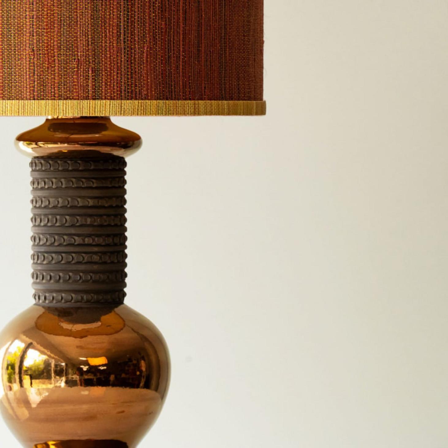 Late 20th Century Bergboms Ceramic Copper FLoor Table Lamp, Lampshade by R. Houben For Sale