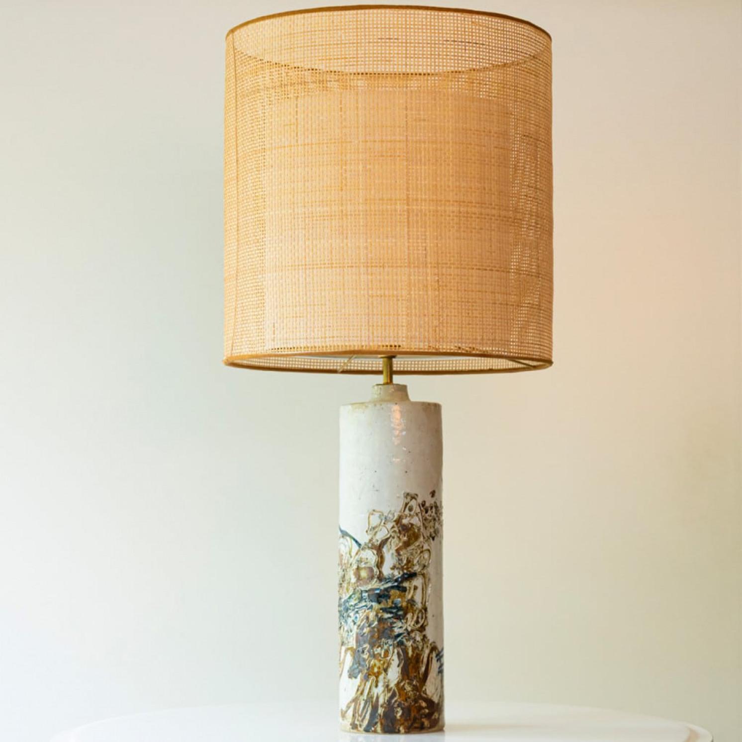 Danish Multicolor Textured Ceramic Floor Table Lamp, Natural Lampshade by R. Houben For Sale
