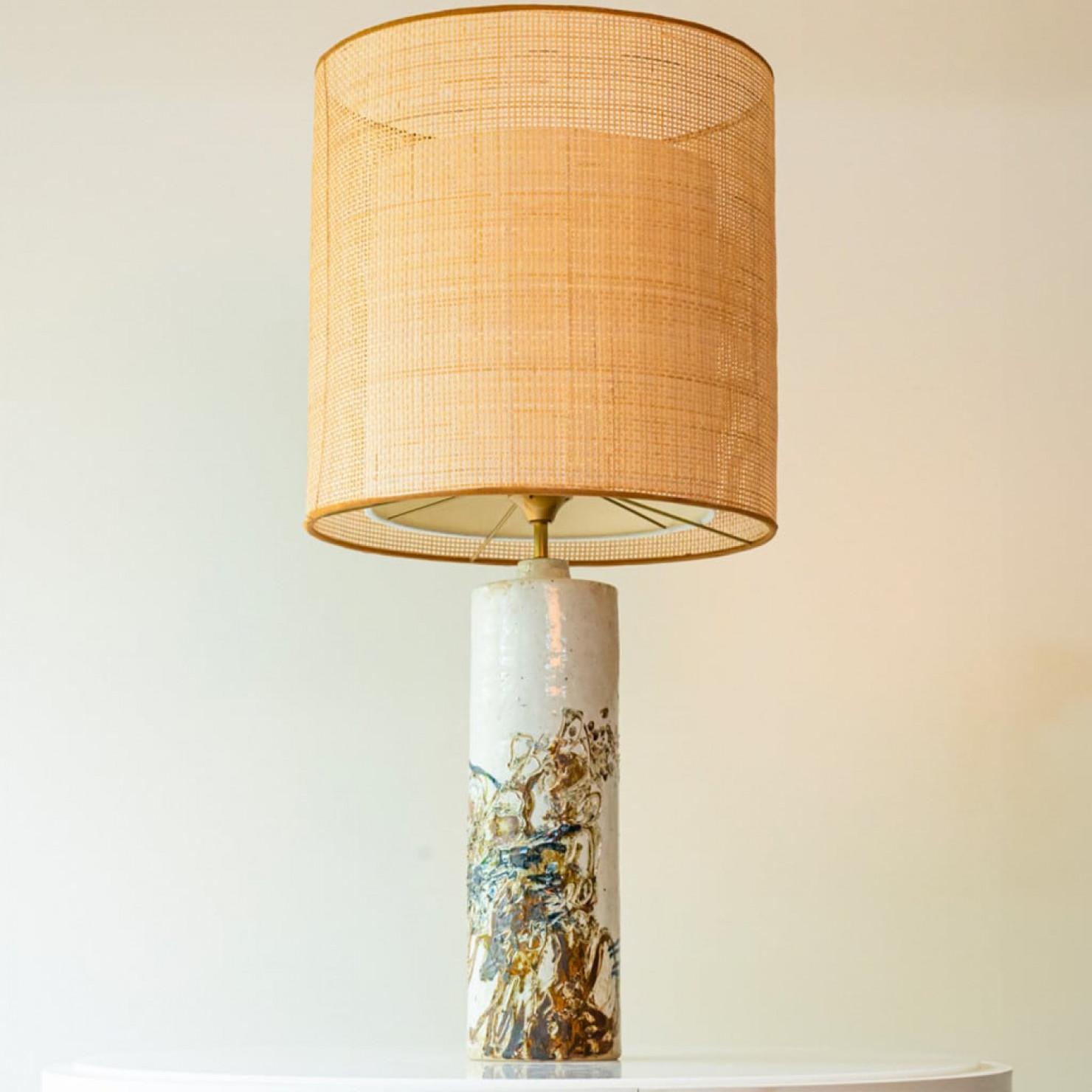 Late 20th Century Multicolor Textured Ceramic Floor Table Lamp, Natural Lampshade by R. Houben For Sale