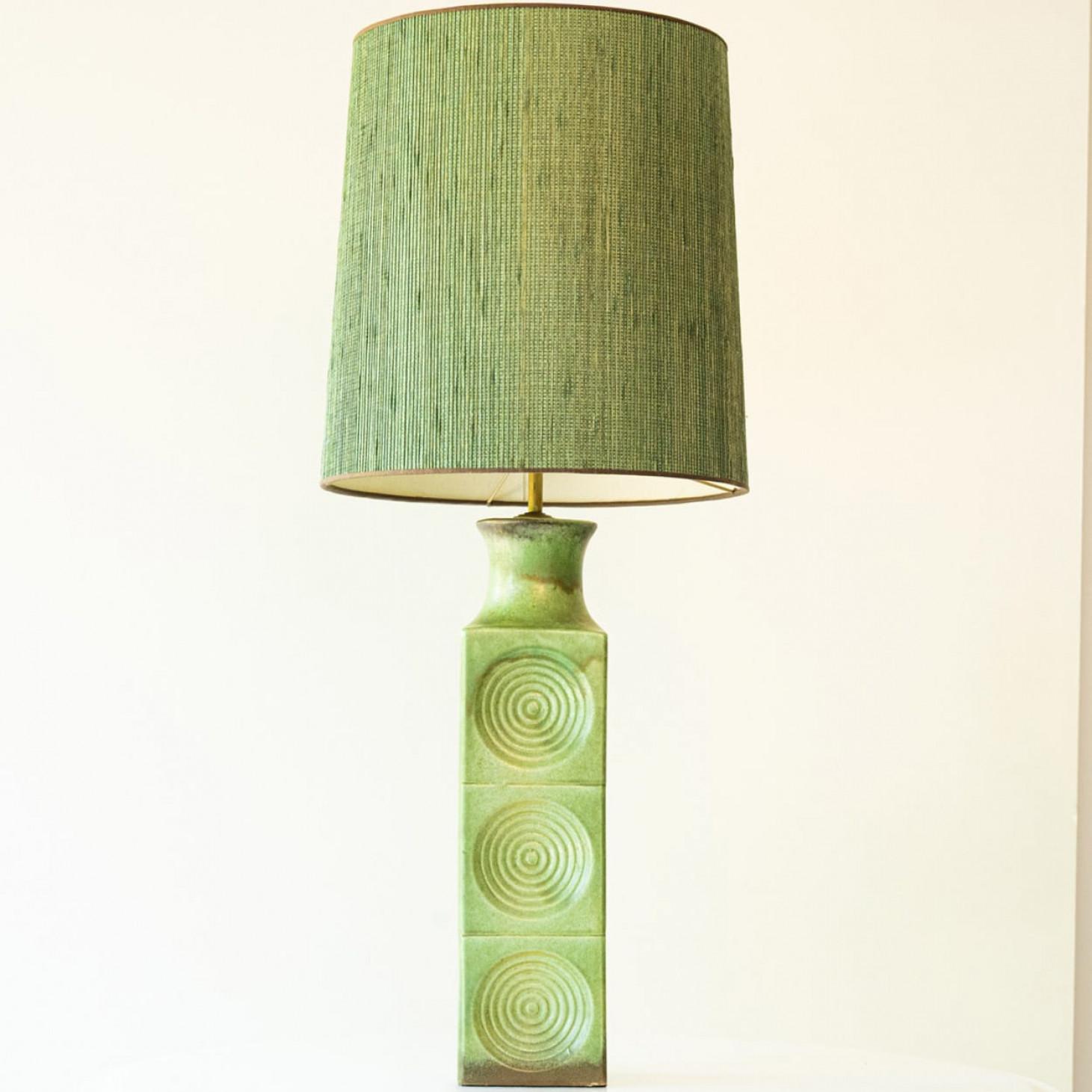 Large Green Ceramic Floor Table Lamp, New Lampshade by R. Houben, 1970s In Good Condition For Sale In Rijssen, NL