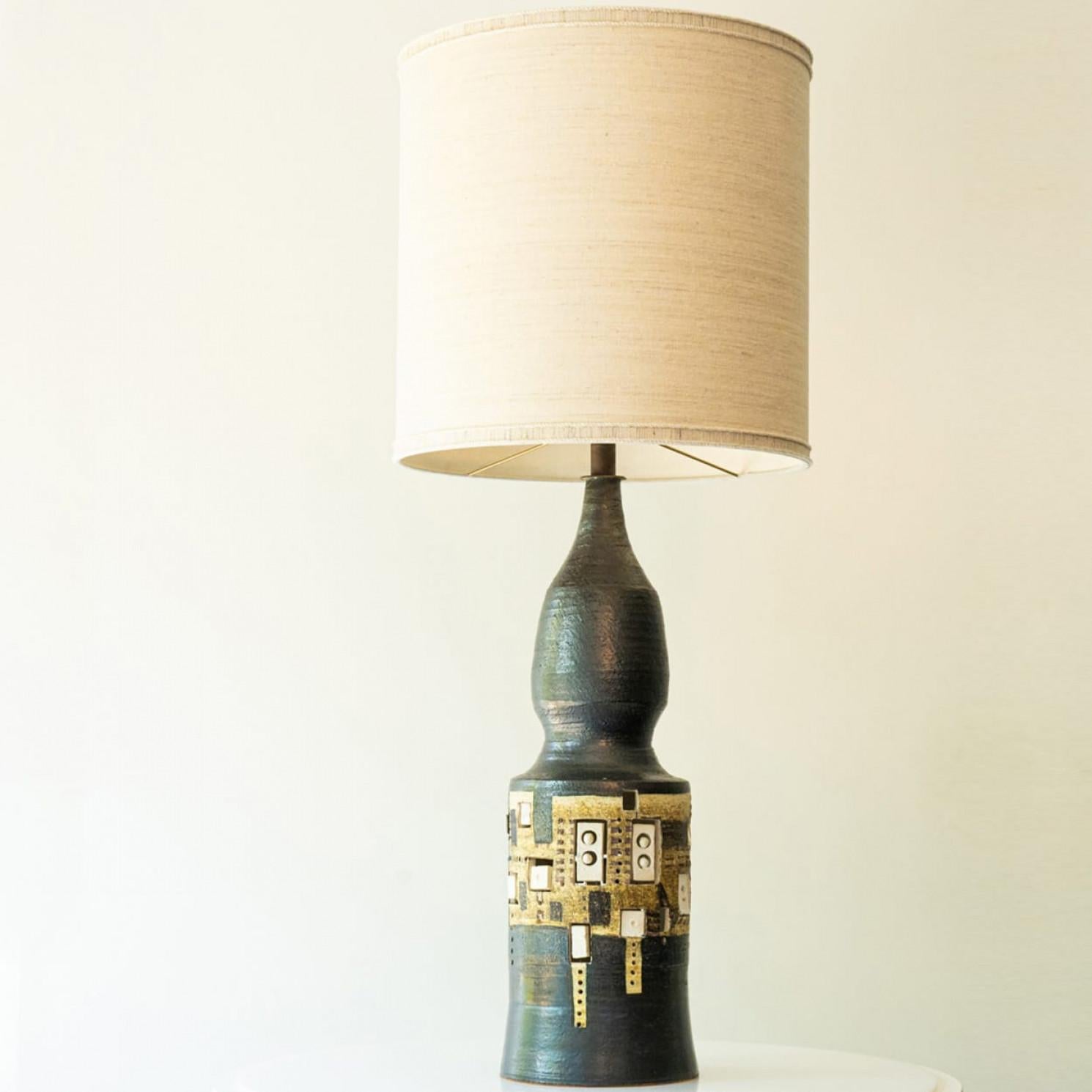 XL Iridescent Anthracite Ceramic FLoor Table Lamp, Silk Lampshade by R. Houben For Sale 1