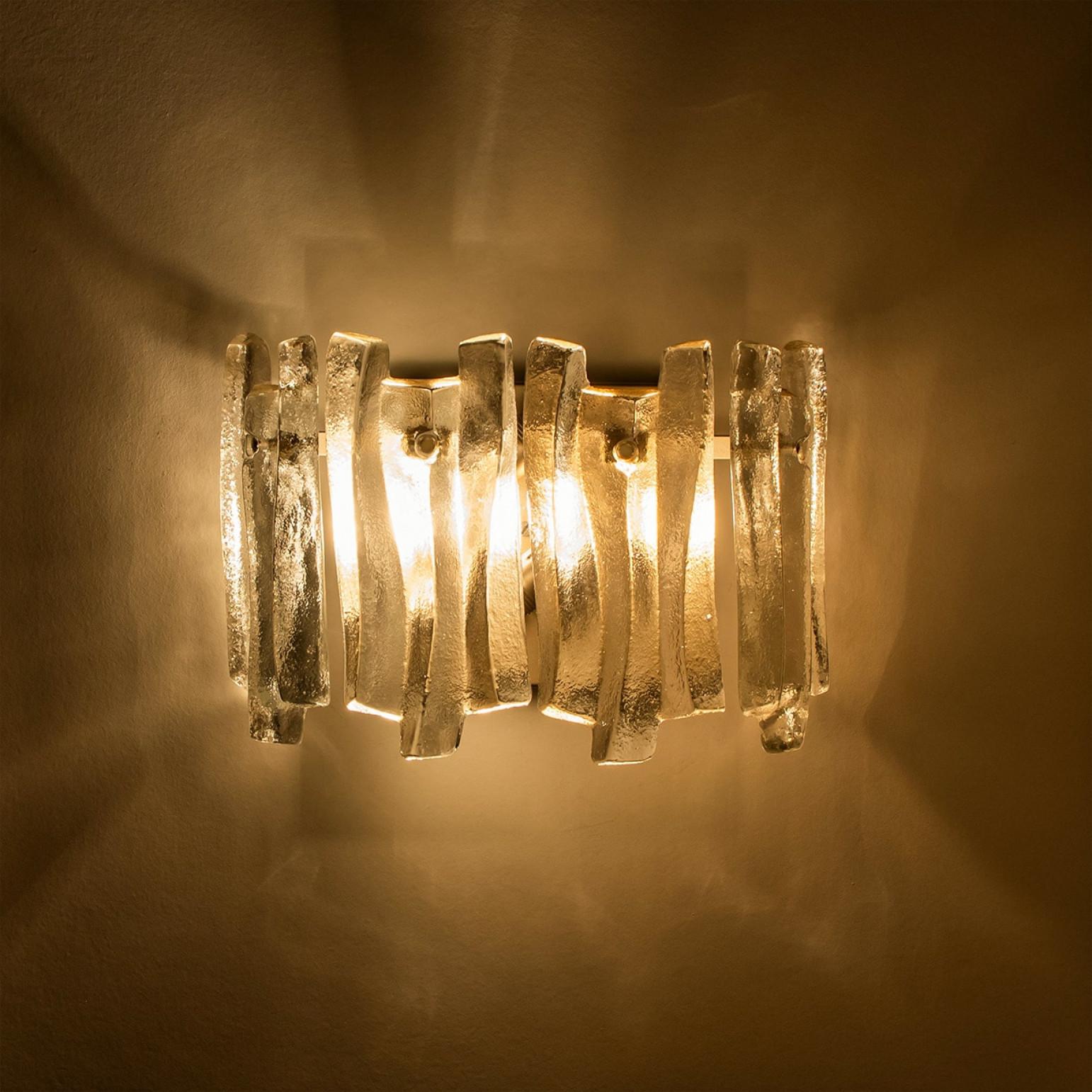 20th Century 1 of the 4 Textured Ice Glass Chrome Wall Lights  Kalmar, 1970 For Sale