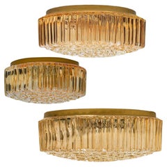Several Round Amber Textured Glass Wall Lights Flush Mounts, Limburg, 1970